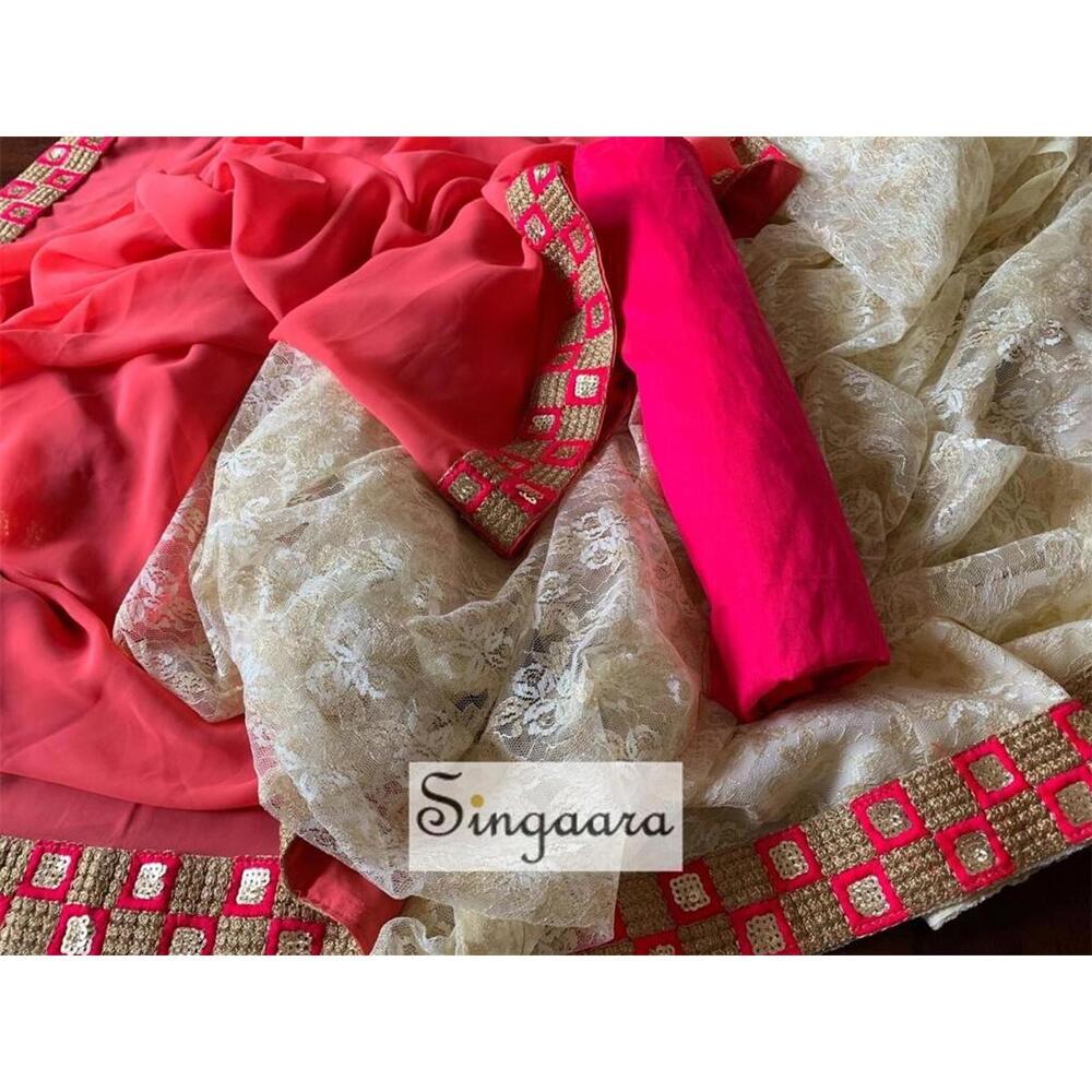 Candy Pink and Cream Half And Half Partly Faux Georgette Lace Saree party wear